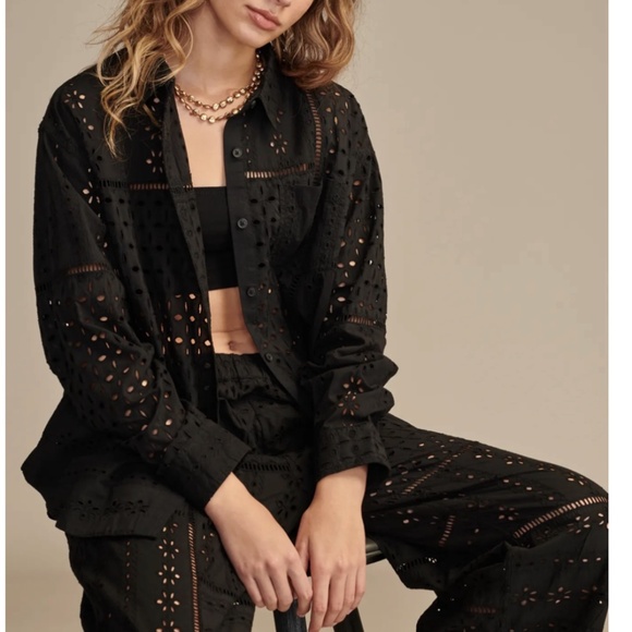 Lucky Brand Eyelet Prep Long Sleeve Button Up Shirt Meteorite Size Small - Picture 2 of 11